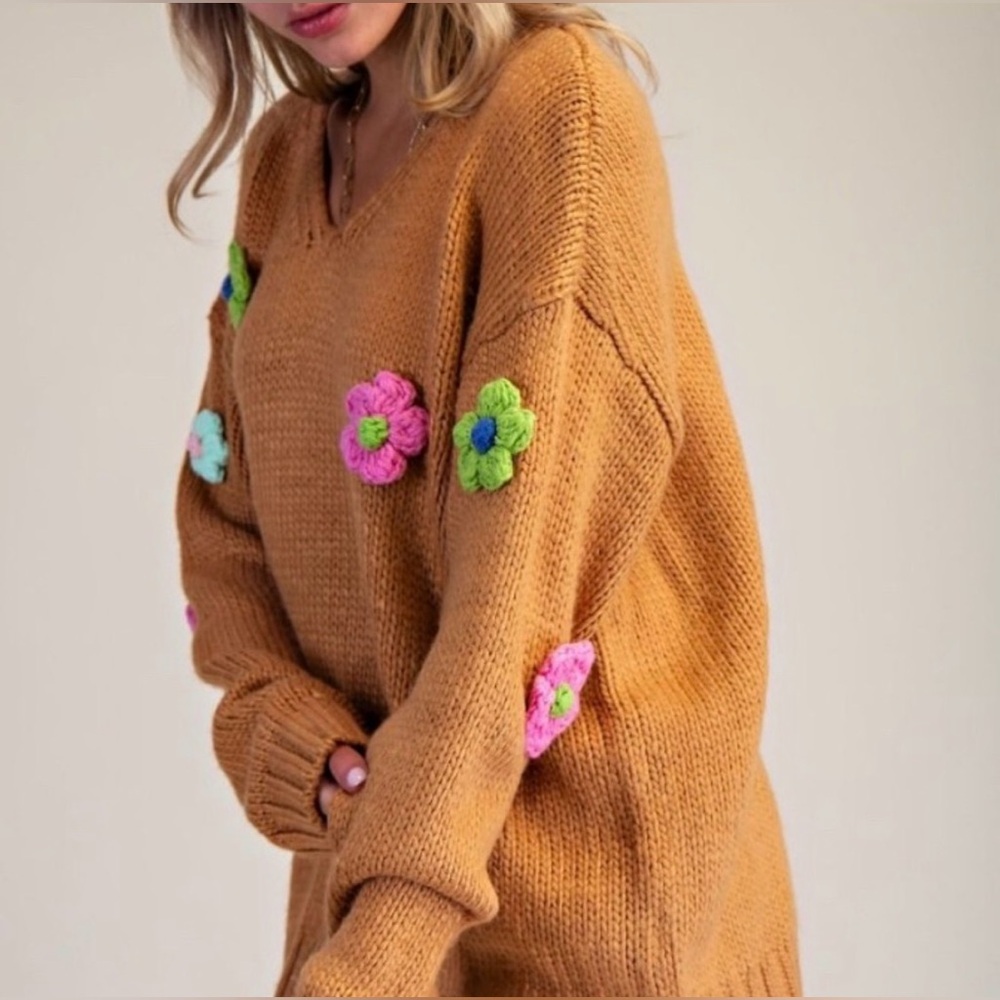 #902 Chic Floral Knit Sweater in Tan - Picture 4 of 6